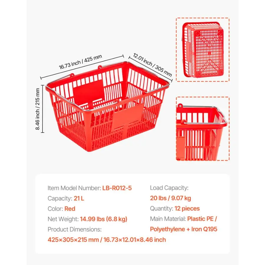 VEVOR Shopping Baskets, 12 PCS, 21L Stackable PE Plastic Grocery Baskets with Metal Handles, Dense Mesh Structure, Holds up to 20 lbs, Portable for Grocery, Retail, Stores, Supermarket, Home Use, Red