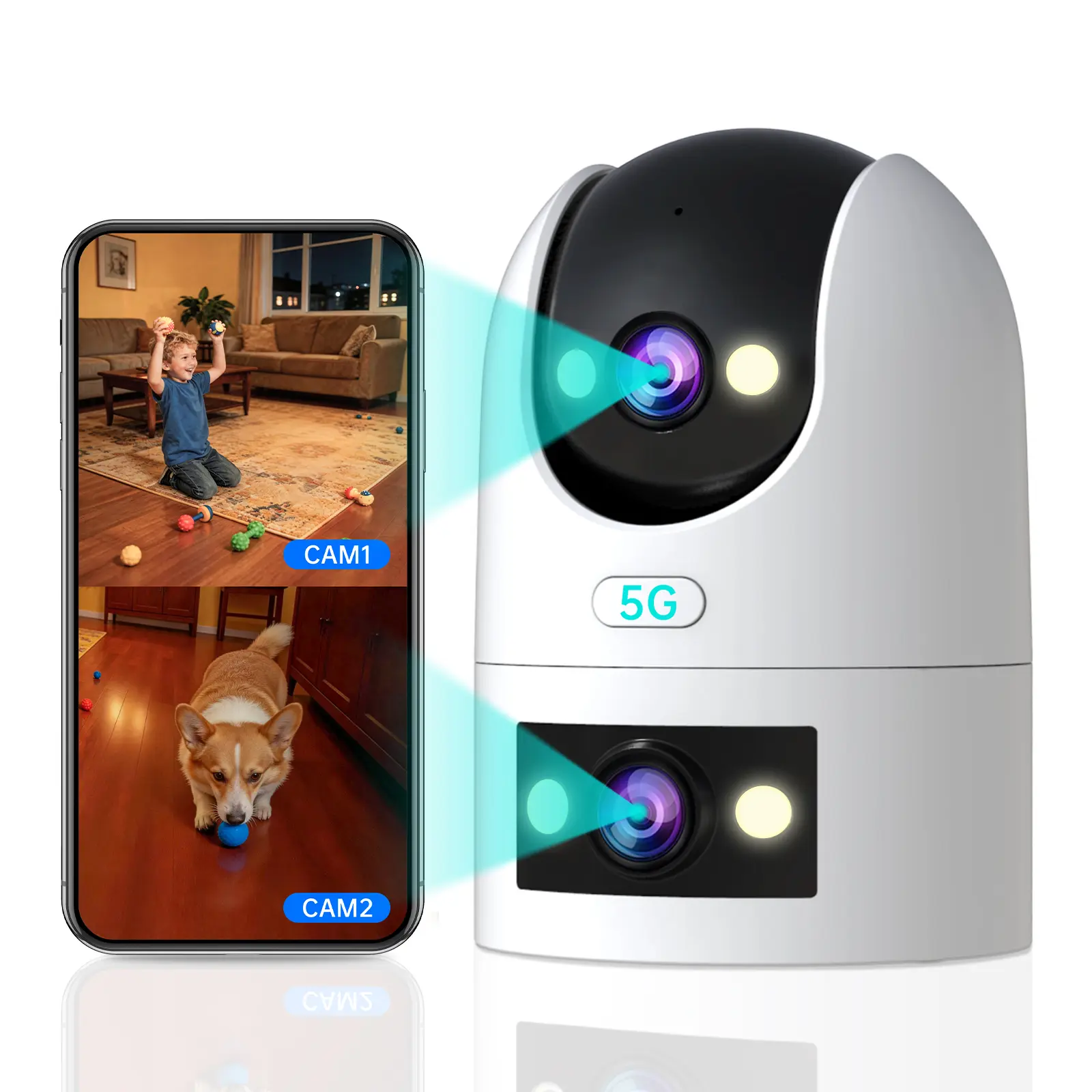 【JOOAN 2K Dual Lens 5G/2.4G Wifi Security Camera Supports One-Button Calling】360° PTZ Dual-Screen Panoramic Indoor And Outdoor Camera, Automatic Tracking, Color Night Vision, Motion /Sound Detection, Spotlight & Intelligent Alarm, Two-Way Voice Waterproof