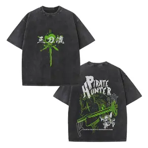 Zoro "Pirate Hunter" One Piece Anime Double Sided Printed Vintage Washed Tee Unisex Oversized Heavyweight Cotton T-Shirt For Anime Fans