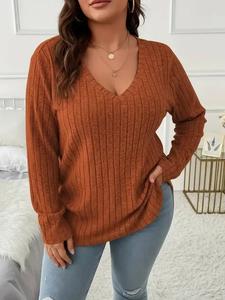 plus size solid long sleeve tee, casual comfy v neck top for fall daily outdoor wear, women plus clothing for fall , fall outfits 2024, fall outfits, earthtone fallfreshness downtown girl clothes downtown girl clothes