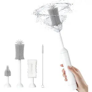 S02 Electric Bottle Brush Set, Portable Baby Bottle Brush Cleaner, AA Battery-Powered & IPX7 Waterproof, with Silicone Bottle/Nipple/Sponge/Straw Brush, for New Parents (Extra-Long)