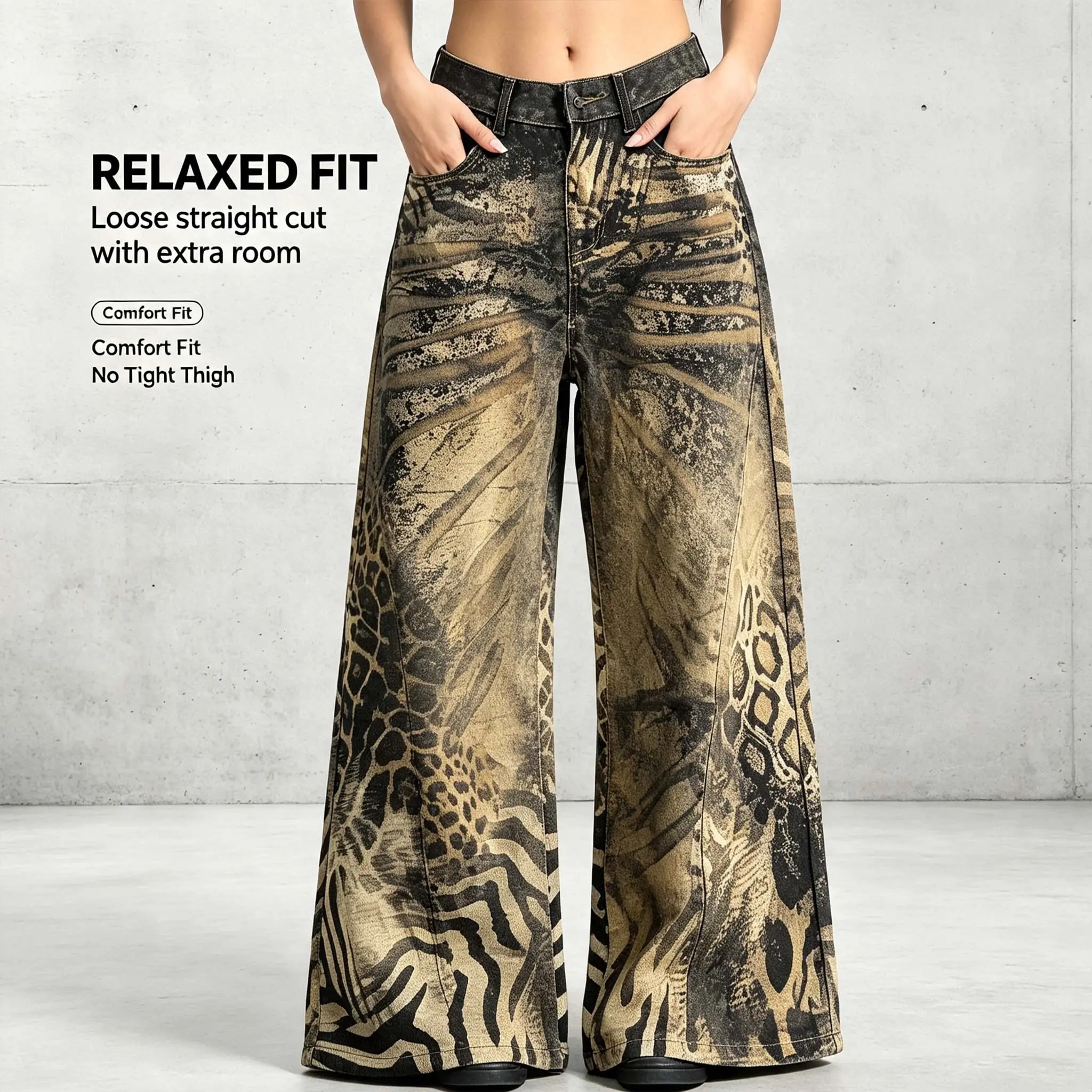 Women's Wide Leg Jeans Y2K Leopard print Vintage Washed Jeans Outfits for Everyday Casual Outings