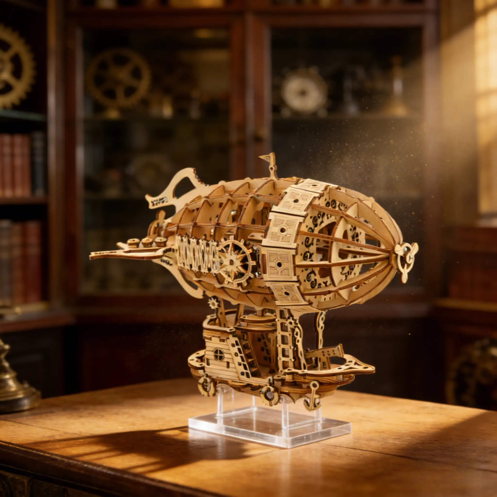 Large Steampunk Airship 3D Wooden Puzzle - DIY Laser Cut Wood Model Kit for Adults, Vintage Flying Vessel Assembly Craft, Desktop Bookshelf Display Decor, Batteries Not Included