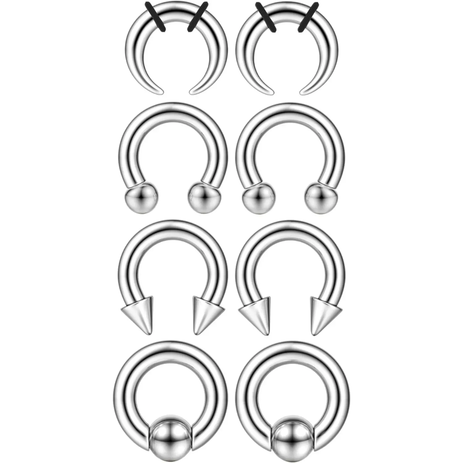 Fansilver Steel Septum Kit - 2G to 14G Septum Rings, Pincher, Tapers & Gauge, Nose Piercing Jewelry - Silver & Black Tone