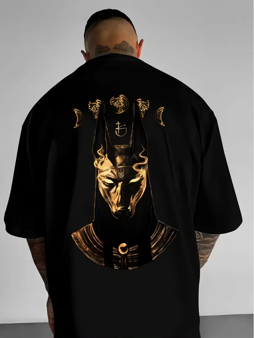 Egyptian Anubis T-Shirt with Gold Design and Moon Motif for Men