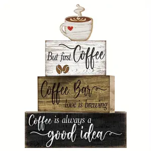 4 Piece Boxwood Coffee Party center decoration, Rustic Kitchen Decor Accessories, Coffee Wall Art for Home Decoration, Wooden Home Sign, Living Room Decor, Rustic Design, Kitchen Signs Wall Decor Set for Cafes and Dining Rooms, Gift for Coffee Lovers