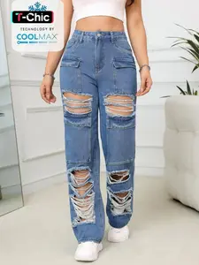 Women's Plain Ripped Fitted Straight Leg Jeans, Casual Streetwear Fashion Flap Pocket Button Cotton Denim Trousers for Daily Wear, Ladies Bottoms for All Seasons
