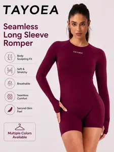Tayoea Seamless Breathable Compression Long Sleeve Thumbhole Backless Athletic Romper, Ideal for Running Yoga Fitness Cycling, Outdoor Indoor Daily Wear
