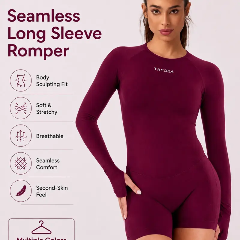 Tayoea Seamless Breathable Compression Long Sleeve Thumbhole Backless Romper, Activewear Jumpsuit, Ideal for Running Yoga Fitness Cycling, Outdoor Indoor Daily Wear