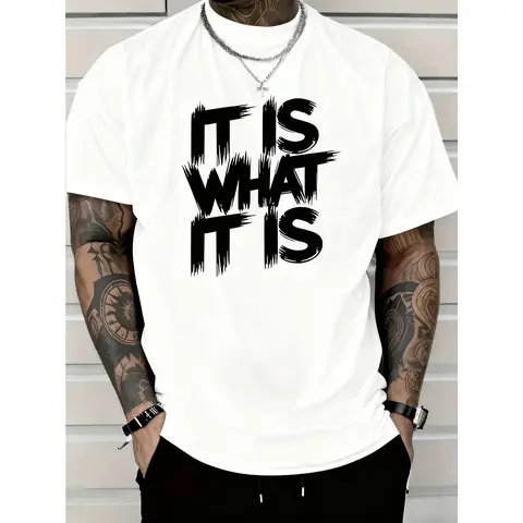 Men's Fitted Crew Neck Short-Sleeve 100% Pure Cotton Basic T-Shirt - All Over 'It Is What It Is' Print, Sporty Chic, Halloween Casual All-Season Top, Childrens Day Appropriate