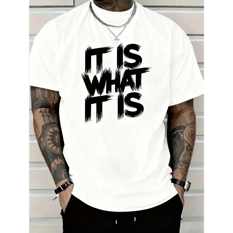 Men's Fitted Crew Neck Short-Sleeve 100% Pure Cotton Basic T-Shirt - All Over 'It Is What It Is' Print, Sporty Chic, Halloween Casual All-Season Top, Childrens Day Appropriate