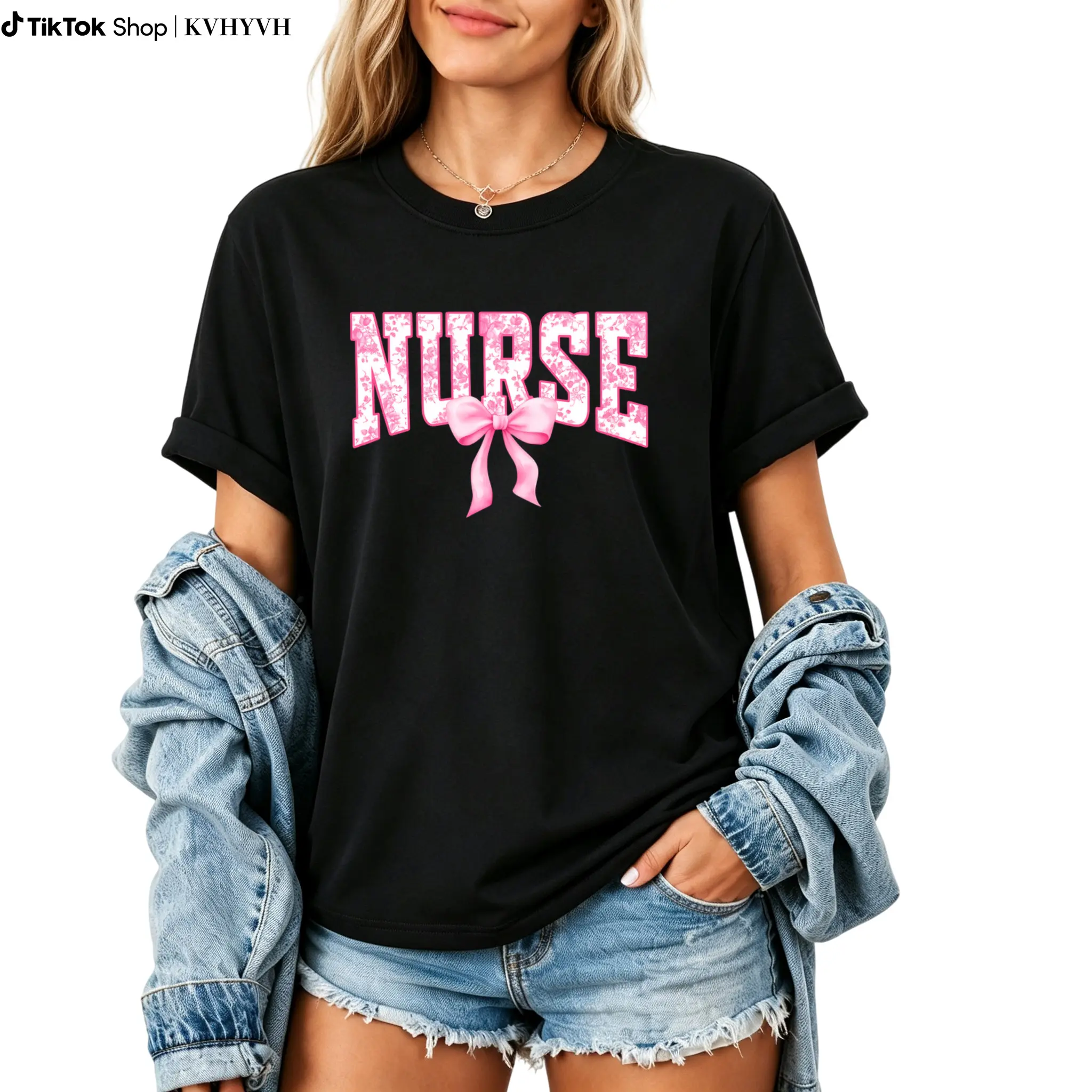 Nurse Bow Shirt, Pink Coquette Nurse TShirt, Nurse Gift For Women, Nurse Floral Tee, Toile de Jouy Registered Nurse Shirt, Casual Cotton Graphic Tee