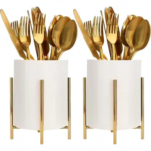 2pcs Sturdy Cutlery Holder White Ceramic With Metal Bracket Robust Silverware Caddy For Countertop - Spoon Holder Silverware Caddy