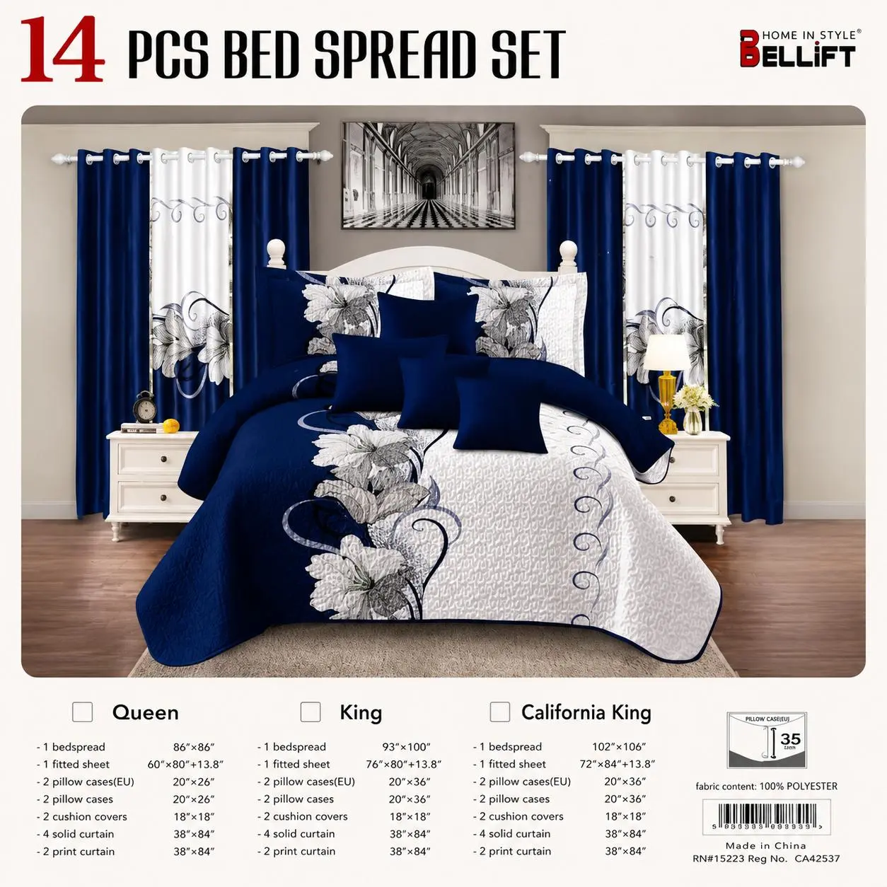 14 PCS Bed Spread Set with Matching Curtains – King/Cal King – Soft Polyester navy