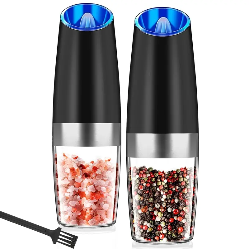 Stainless Steel Gravity Electric Salt and Pepper Grinder Set, Kitchen Gadgets, Salt and Pepper Grinder with One-Hand Operation Adjustable Coarseness, Battery Powered, with LED Light, Convenient Spice Jar