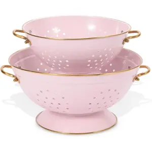 Metal Colander Set of 2, Strainer Basket with Handles 3.5 & 5 Qt Powder Coated Self-draining Solid Ring Base Metal Large Kitchen Colander Bowel for Pasta Vegetable Fruit (PINK)