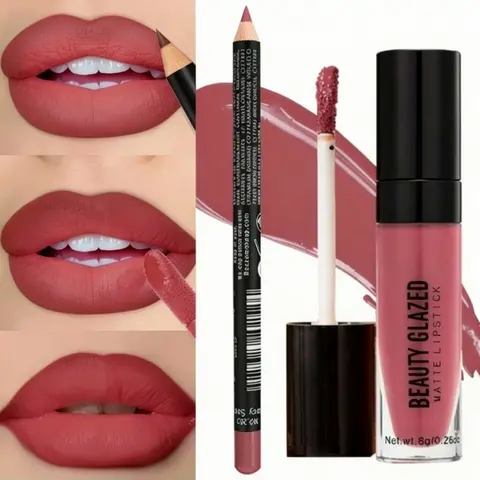 BEAUTYGLAZED 2pcs Cosmetic Lip Combo Kits - Beautylipstick, Lip Glaze, Longlasting Matte Red Liner, Smudgeproof, Soft Finish, Smooth Texture, Fudge Brown Shade, Suitable for All Skin Types, Ideal for Work Natural Look Makeup Products