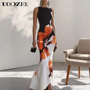 UOOZEE Lady's Elegant High-End Sleeveless Long Dress - Comfortable Spandex-Polyester Fabric, Loose Chic Fit, Black Printed Tight-Waist Tail Skirt, Zipper-Equipped Style for Parties, Elegant Dresses for Women