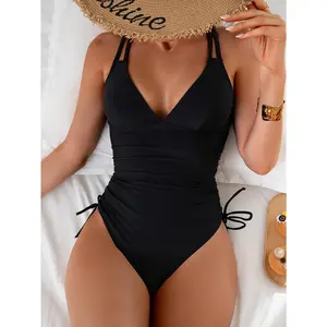 Women's Sleek Black One-Piece Swimsuit with Tummy Control, Push-Up Design & Metal Ring Details - Full Coverage, Slimming Bathing Suit, V-Neck, High Stretch Nylon Fabric, Removable Pads, Sexy Style for Beach or Pool