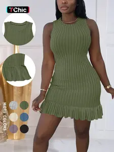 Women's Plain V-Neck Ribbed Dress, Elegant Short Sleeve Summer Dress, Casual Fitted Daily Wear, Perfect for Summer Season, Womenswear