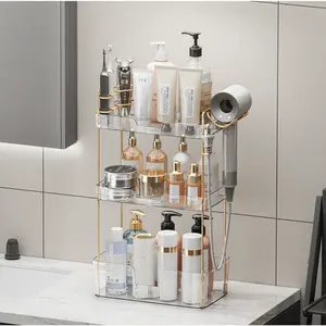 Golden 3-Tier Square Plastic Bathroom Countertop Organizer, Space Saver Storage for Makeup, Perfume, Skincare, Hair Dryer Holder for Dressers, Vanities, Plastic Storage Organizer