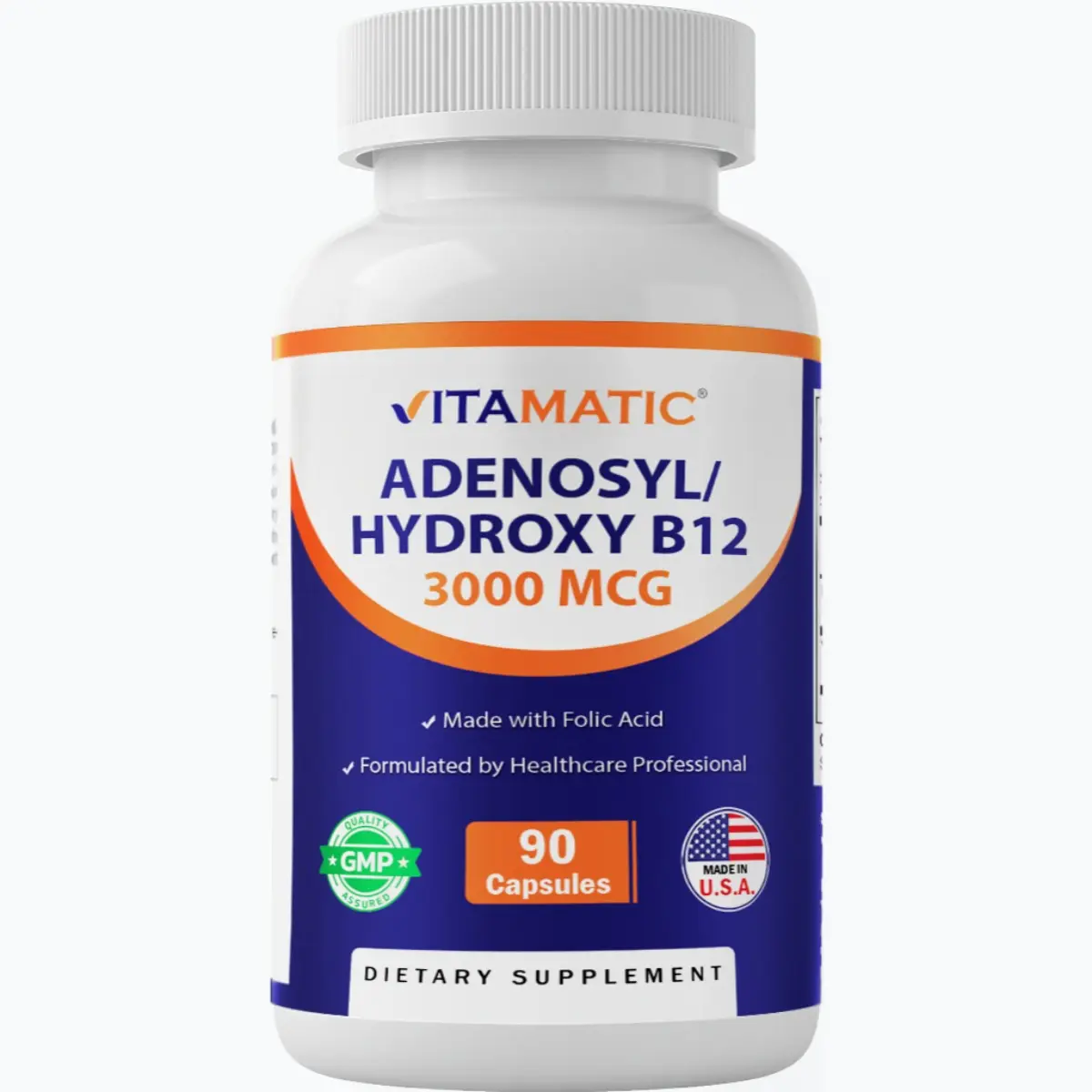 Vitamatic Dual Active B12 Daily Vitamins - 3000 mcg Adenosylcobalamin, Hydroxocobalamin, Folic Acid, B Vitamin Complex, 90 Plant-Based Veg Caps, Brain Health Support, Youth Boost, Sugar Free, Non-GMO, Allergen-Free, Made in USA