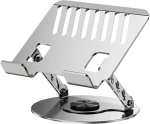 360° Rotating Adjustable Foldable Aluminum Laptop Stand, Sturdy Gray No-Assembly Hub for Gaming & Mobile Use, Compact Portable Lock-Edge Desk Mat
