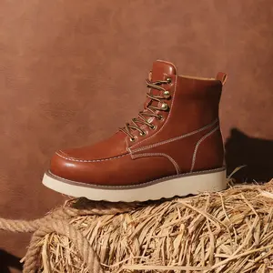Wranglette Men's Vintage Brown Leather Work Boots | Lace-Up Ankle Boots with Non-Slip Thick Sole & Moc Toe | Durable Retro Footwear for Casual Outdoor & Daily Wear Boy Walking Shoes Shoe