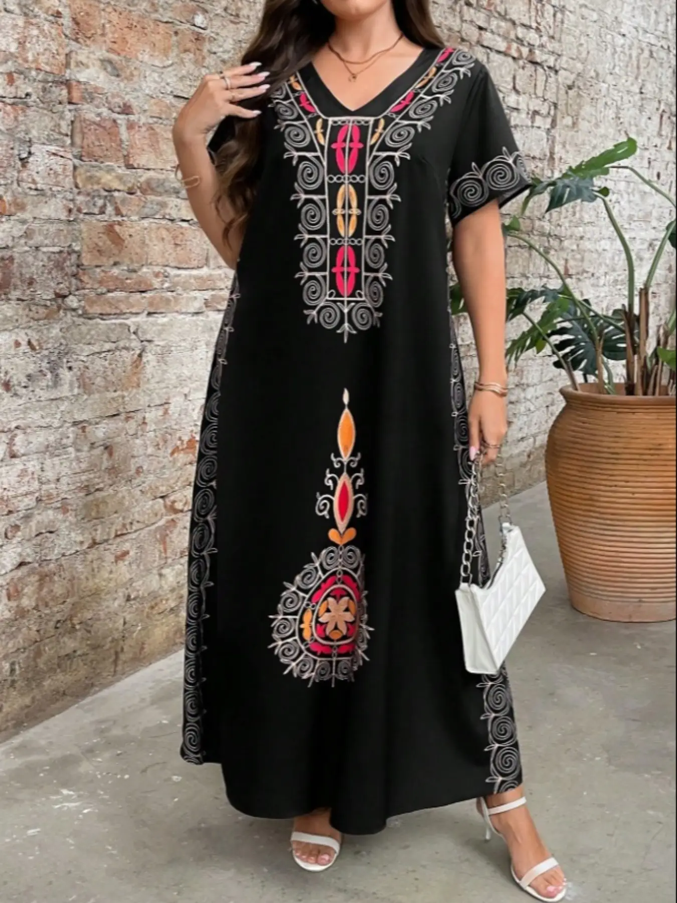 Muslim Women Comfortable Ethnic Style Printed Dress, Summer Woven Fabric, Moderate Thickening, Stylish Long Sleeve A-Line Dress