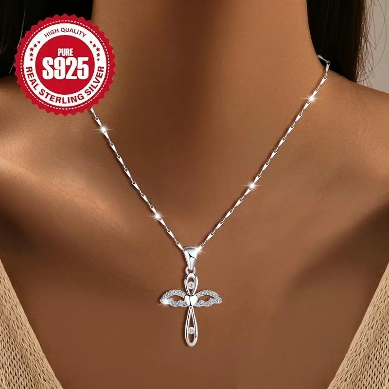 Exquisite 925 silver wing cross pendant necklace, hypoallergenic, stylish and elegant, atmospheric, suitable for any occasion, perfect gift for parties, festivals and celebrations