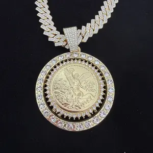 Spinning Coin Centenario 14k Gold Plated Necklace with Medal Pendant CZ Stone 24" Chain Rotatable Centenario