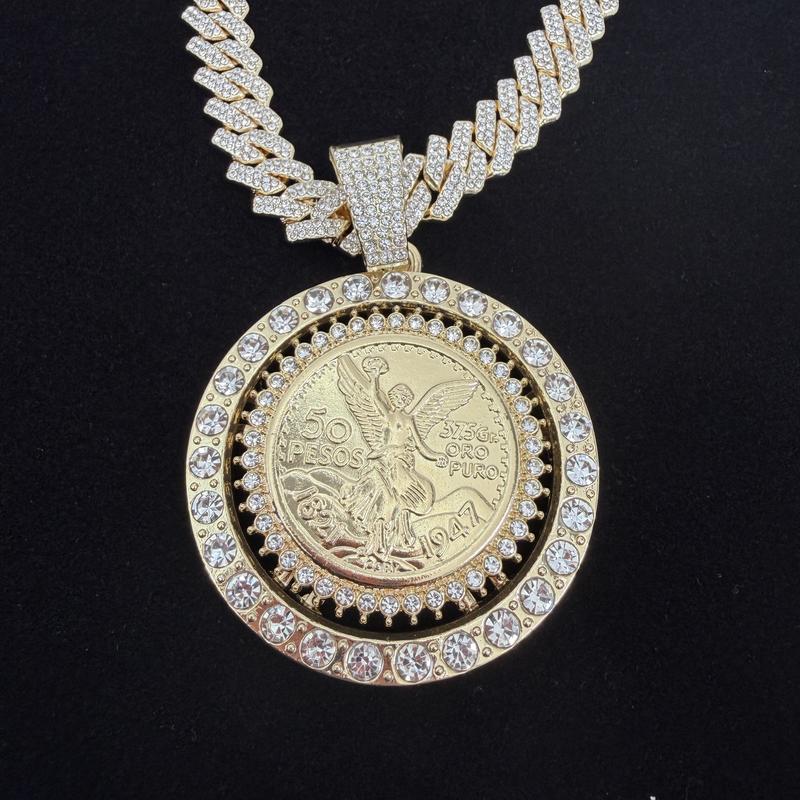 Spinning Coin Centenario 14k Gold Plated Necklace with Medal Pendant CZ Stone 24" Chain Rotatable Centenario
