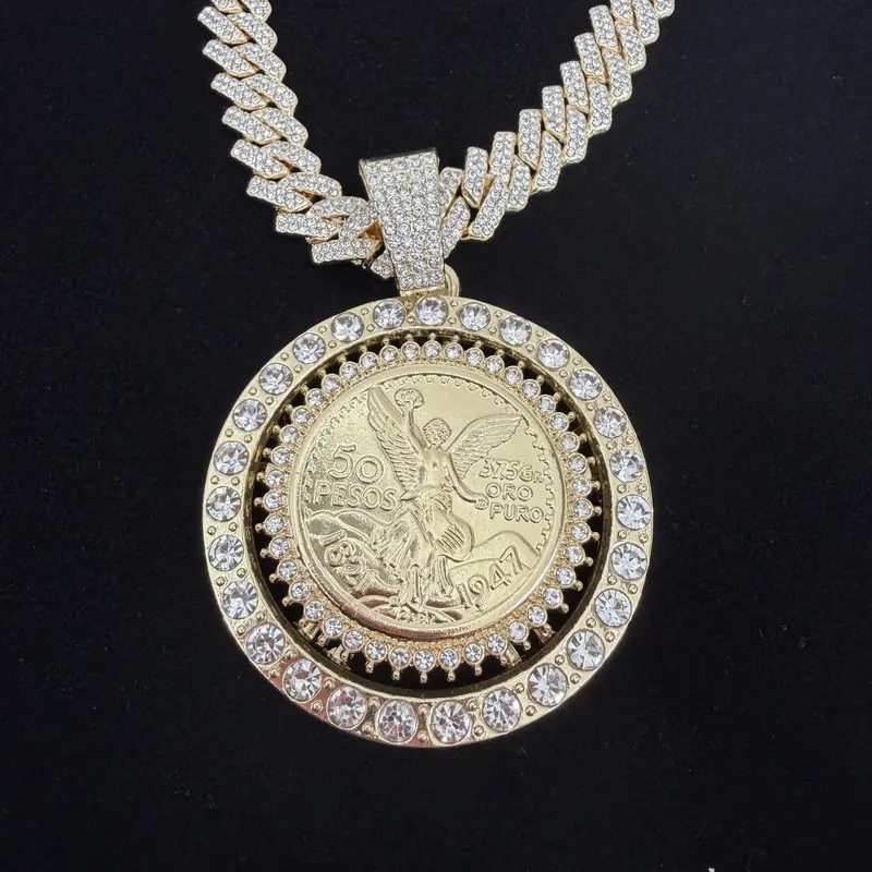 Spinning Coin Centenario 14k Gold Plated Necklace with Medal Pendant CZ Stone 24" Chain Rotatable Centenario