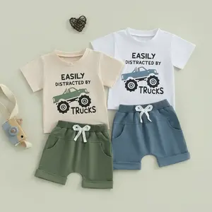 Toddler Baby Boy Summer Clothes Short Sleeve Letter Truck Print Shirt and Elastic Waist Shorts Set Summer 2Pcs