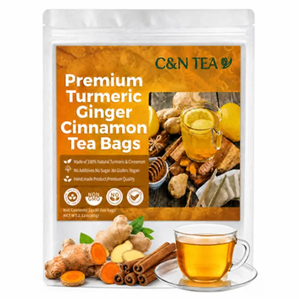 Pure Turmeric Ginger Cinnamon Blend Herbal Tea Bags, 30 Handmade Eco-Friendly Bags, 100% Natural Powdered, Caffeine-Free, Sugar-Free, Vegan Less Caffeine Herbal Tea