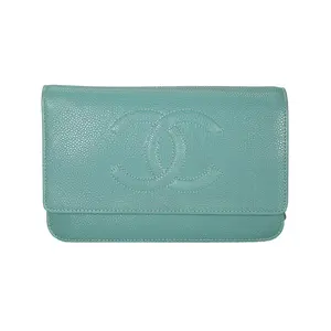 Pre-owned CHANEL Caviar Small Leather Goods Leather Wallet On A Chain Blue with Silver Hardware