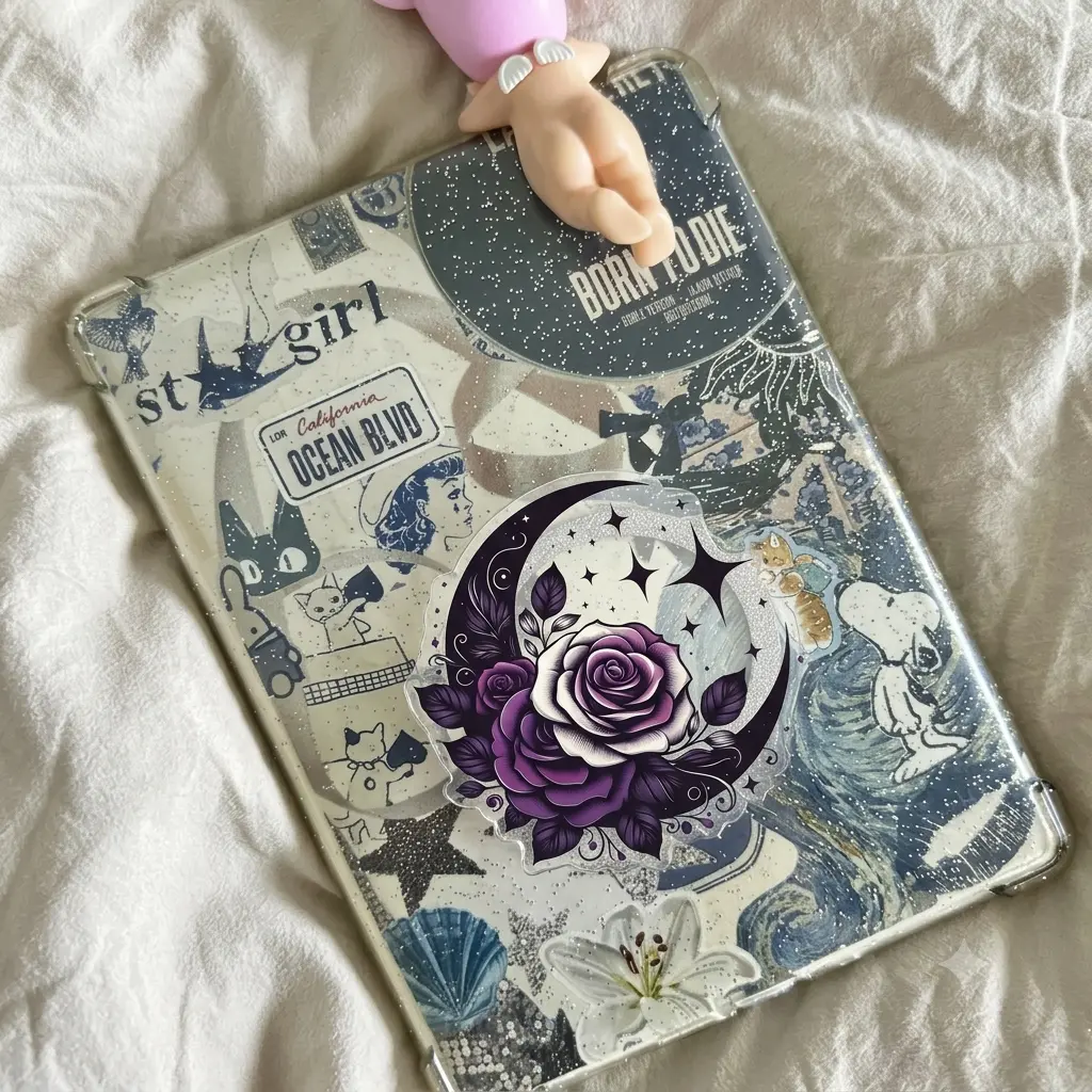 Gothic Rose Moon Phone Grip, Acrylic Purple Floral Phone Holder Stand, Dark Celestial Bat Design, Spooky Cute Gift for Women, Teens and Friends