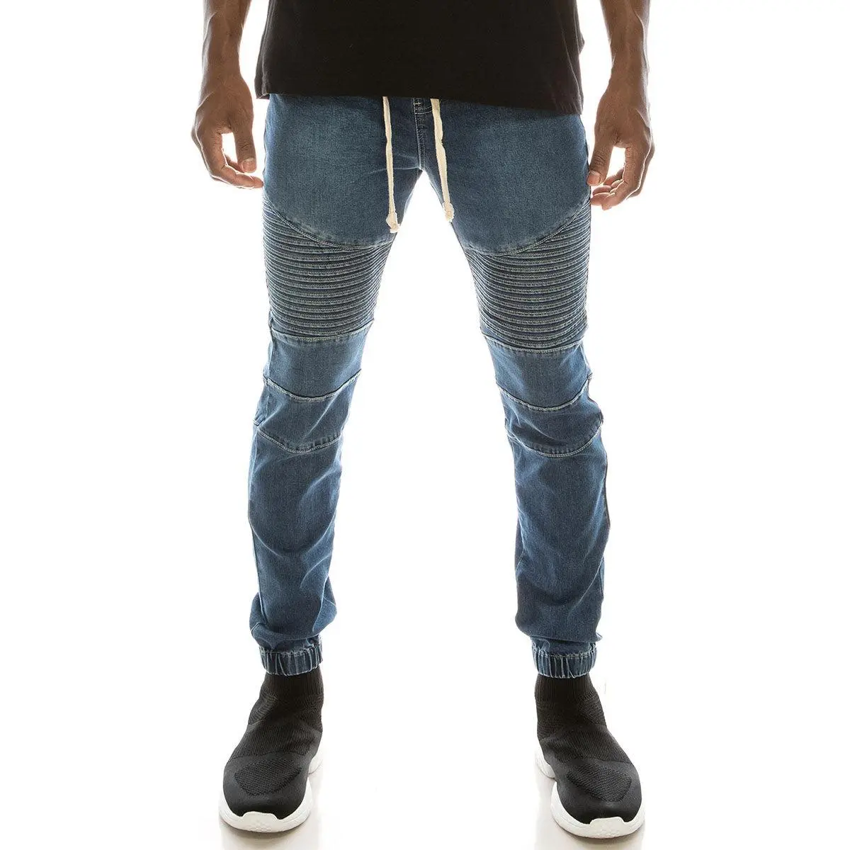 VICTORIOUS Essential Biker Denim Jogger Pants - Distressed Dark Cotton-Spandex, Elastic Stretch Tapered Fit, Versatile Style Compatibility, Menswear, Streetwear, Zip, Fitted, 97% Cotton Blend, Classic, Mensfashion, Distressed Look