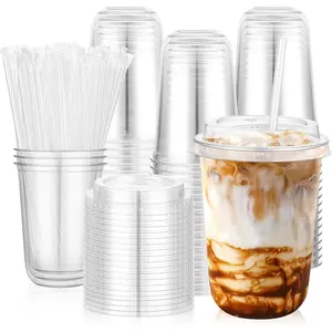 50 Set 16oz Clear Plastic Cups with Lids & Straws, Disposable Round Bottom To Go Iced Coffee Drinking Cup for Cold Beverage Smoothies Juice Lemonade Slushies Milkshake Party Catering Supplies