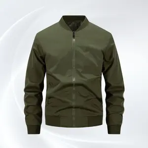 Men's Trendy Stand-Up Collar Lightweight Olive Green Jacket for Spring & Autumn Fashionable Outerwear Casual Fabric