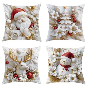 Christmas Themed Cushion Cover, Washable Cushion Covers, 4 Counts/set Square Soft Comfortable Pillow Cover, Pillow Protector for Home Living Room Bedroom Sofa Couch