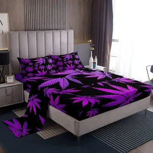 Marijuana Leaf Bed Sheet,Weed Leaf Botanical Sheet Set,CannabiLeave Bed Set,Luxury Puple Hemp Sheet,Room Decor Sheets with Deep Pocket Fitted Sheet