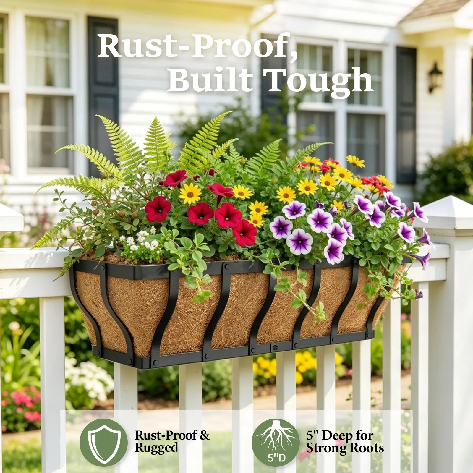VOXOR Adjustable Metal Railing Hanging Plant Pot Planter Box with Coco  Liner, 2-3 Pack, 24 in, Black Outdoor Planters - TikTok Shop