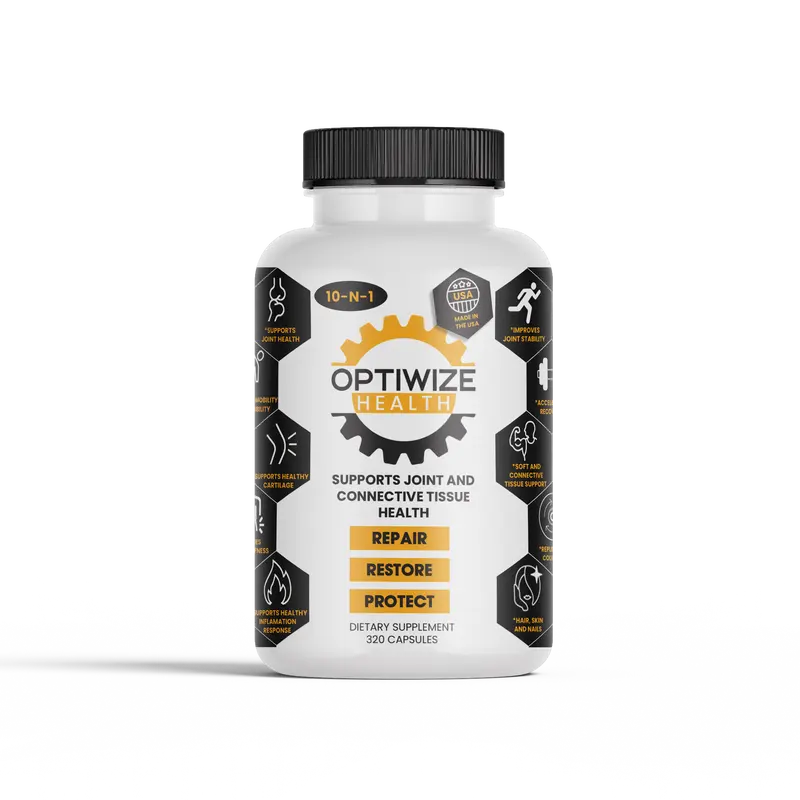 OptiWize 10-N-1 Joint Support Supplement with Glucosamine, Chondroitin, MSM, Hyaluronic Acid, Omega-3 & Vitamin C for Men & Women Made in USA 320 Capsules - Healthy Fitness Dietary