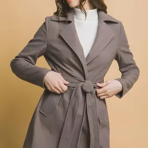 Belted Wrap Coat - Women's Casual Polyester Coat - Fabric