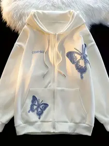 Butterfly Print Hoodie With Pocket, Casual Zip Up Long Sleeve Drawstring Hooded Jacket, Women's Clothing