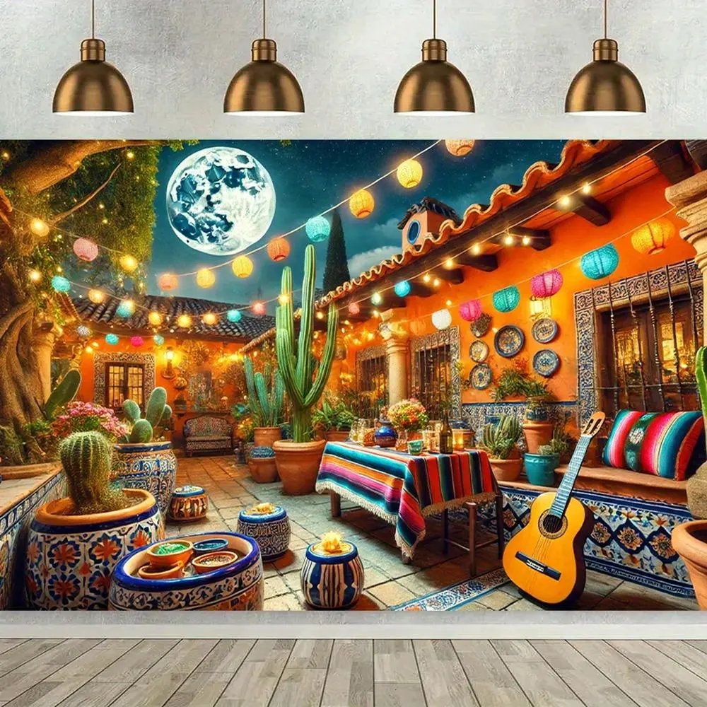 1pc Polyester 2D Flat Backdrop Banner - Cultural Fiesta Mexican Courtyard Night Scene Design, Vibrant Tiled Patio, Cacti, Serape Tablecloth Accents, Ideal for Indoor Use
