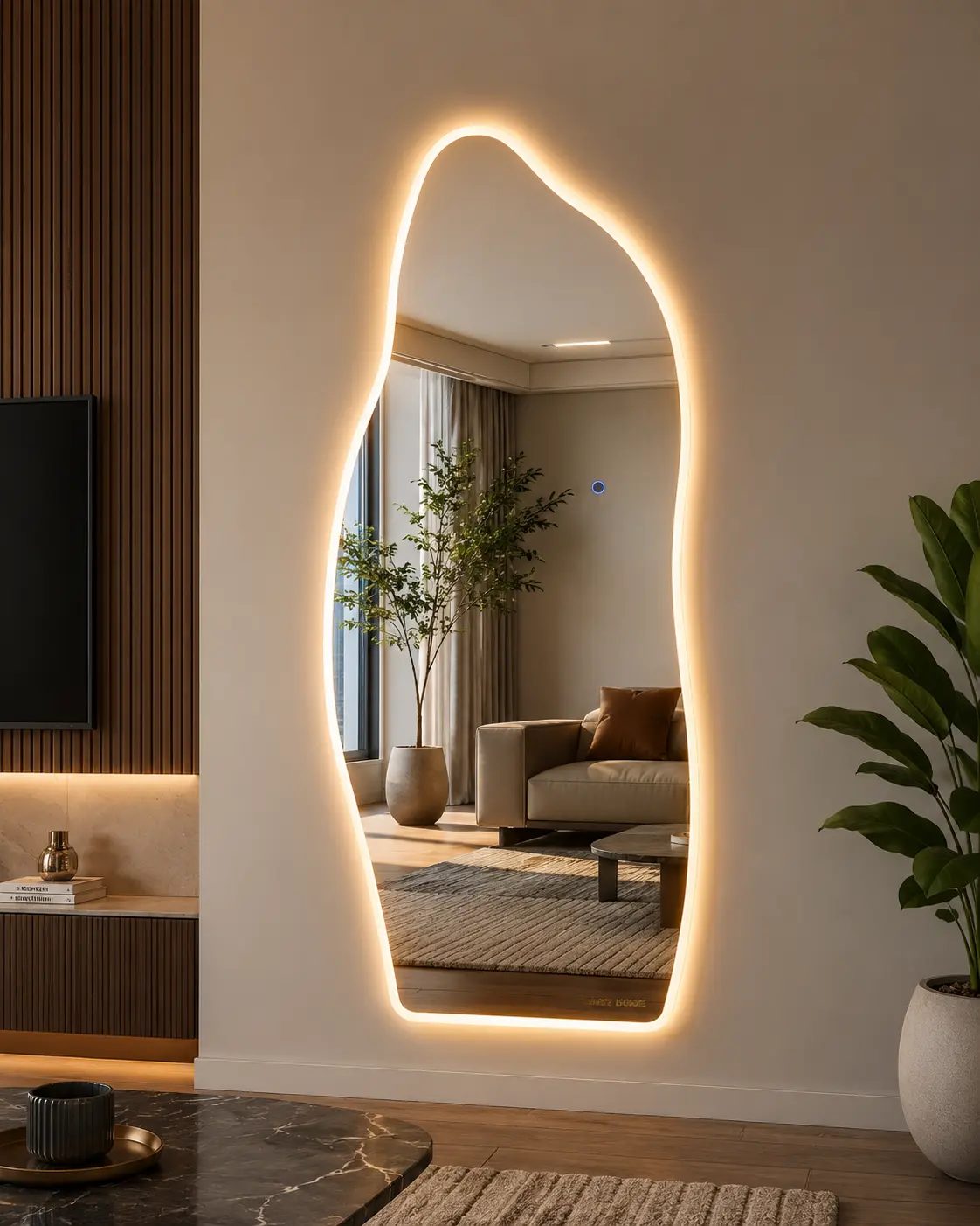 65" x 25" LED Full Length Mirror, Designer Irregular Asymmetric Wall Mounted Lighted Body Mirror with Tempered Glass, 3 Color Lighting, Touch Control and Stepless Dimming for Bedroom, Closet and Entryway