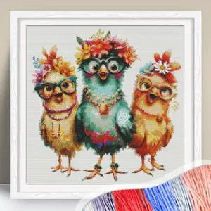 Chicken Pattern Cross Stitch Kit, 11CT Cross Stitch Printed Canvas Flower Needlework Craft, DIY Cross Stitch Kit for Beginners