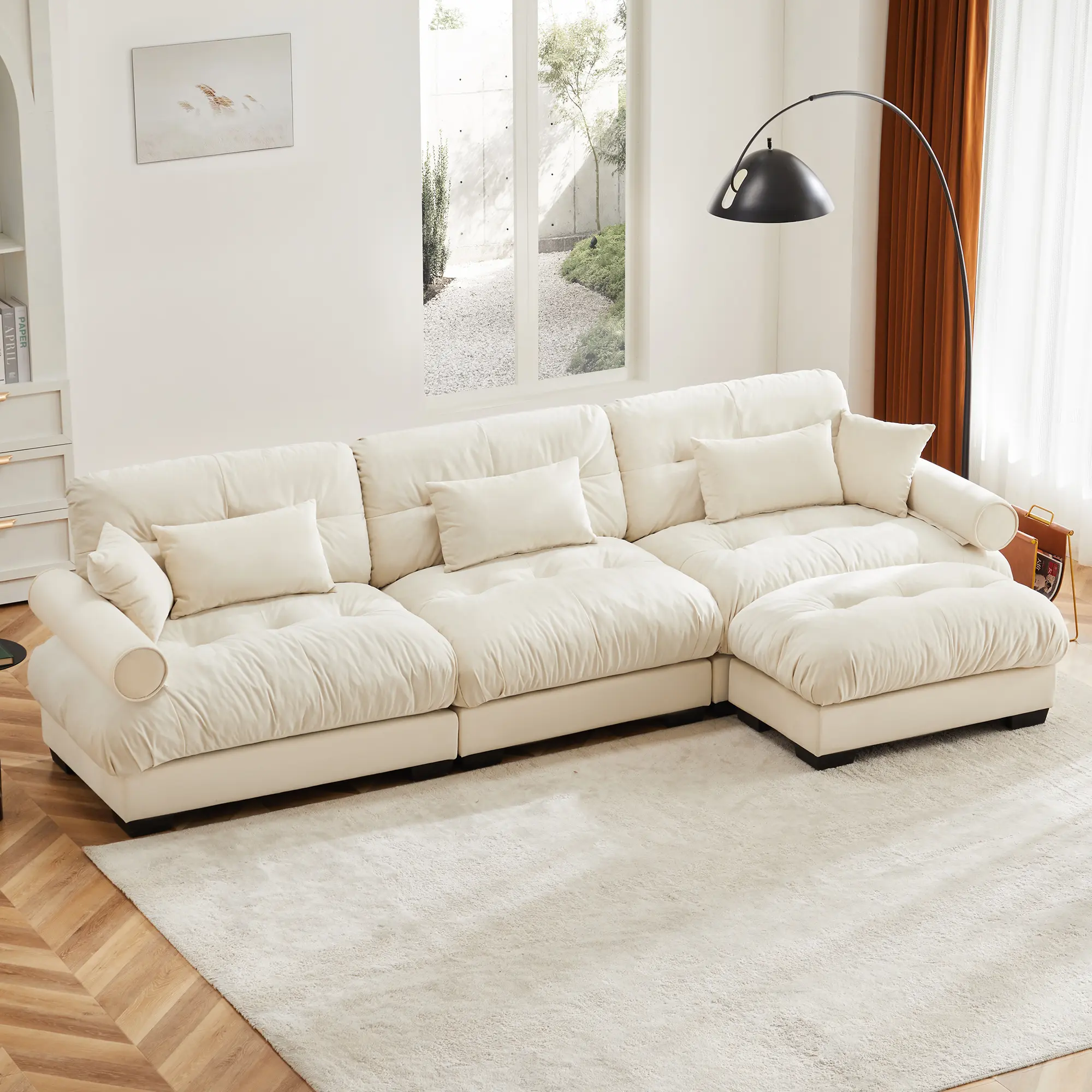 Oversized Vintage Velvet L-Shaped Modular Sectional Sofa - Sturdy, Durable, Sponge-Cotton Deep Seat, Bolster Arms, Matching Movable Ottoman, Extendable Convertible Corner Couch, Vacuum-Packed Cushions & Pillows, Flexible Configuration for Living Rooms